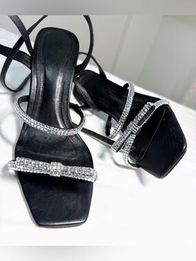 Schutz Rhinestone Square Toe Heels Black Leather Evening Sandals EU 39